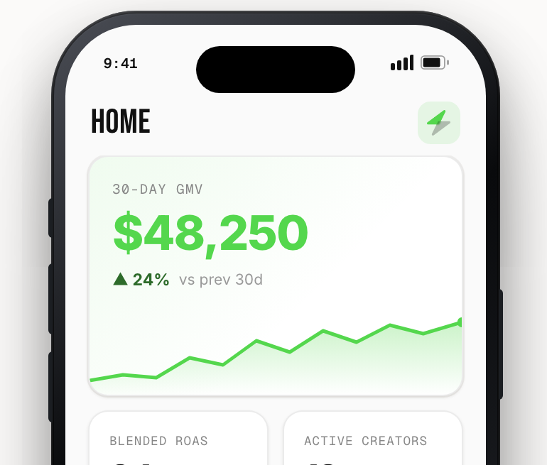 Voltr app home — 30-day GMV and revenue chart